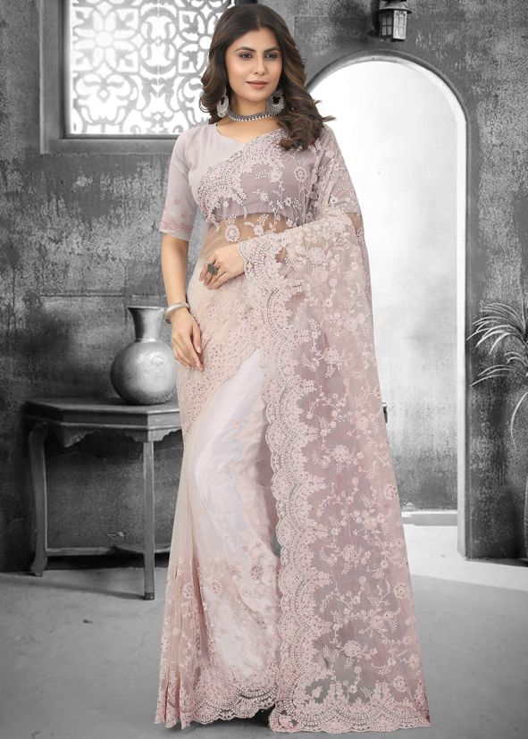 Off White Embroidered Net Saree