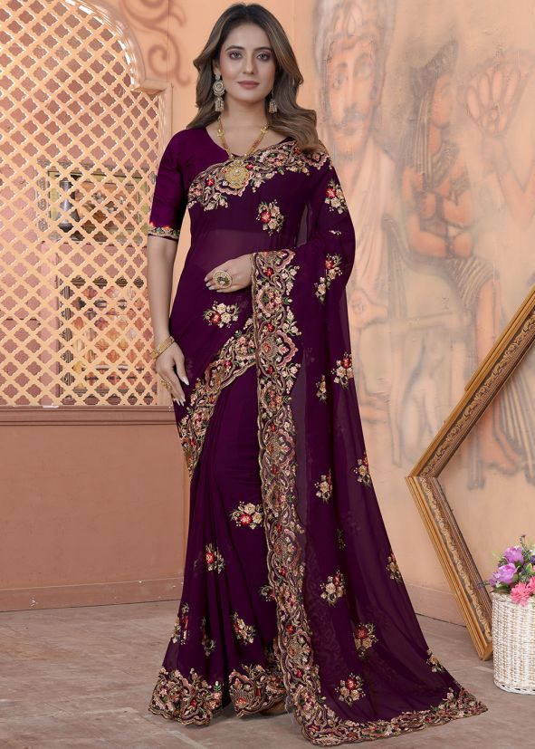 Purple Embroidered Saree In Georgette