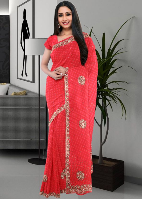 Red Stone work Saree In Georgette 