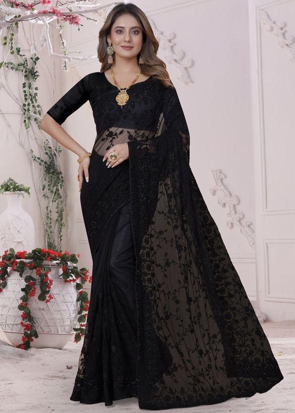 Black Resham Embroidered Net Saree