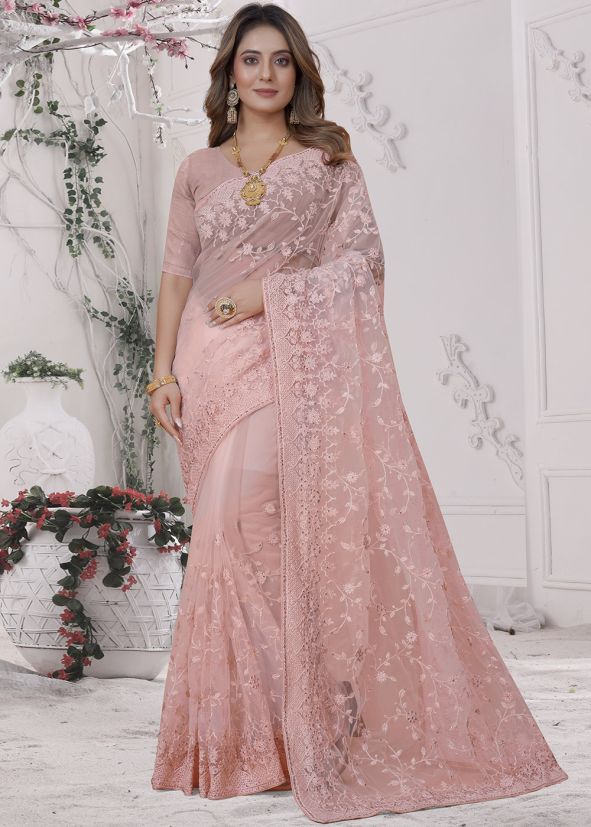 Peach Net Saree In Resham Embroidery