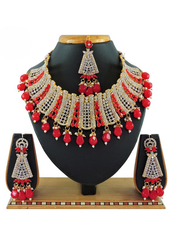 Red Beads & Stone Studded Necklace Set