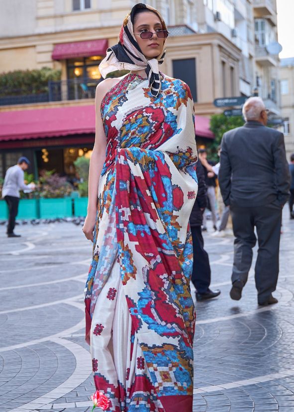 Cream Abstract Printed Saree In Crape