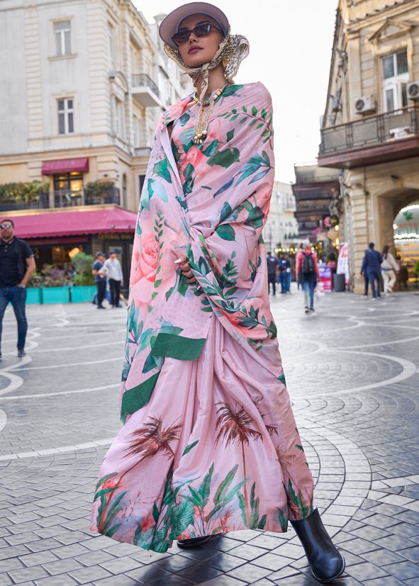 Peach Floral Printed Saree In Crape