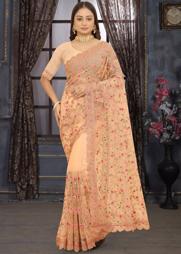 Orange Net Saree In Dori Embroidery