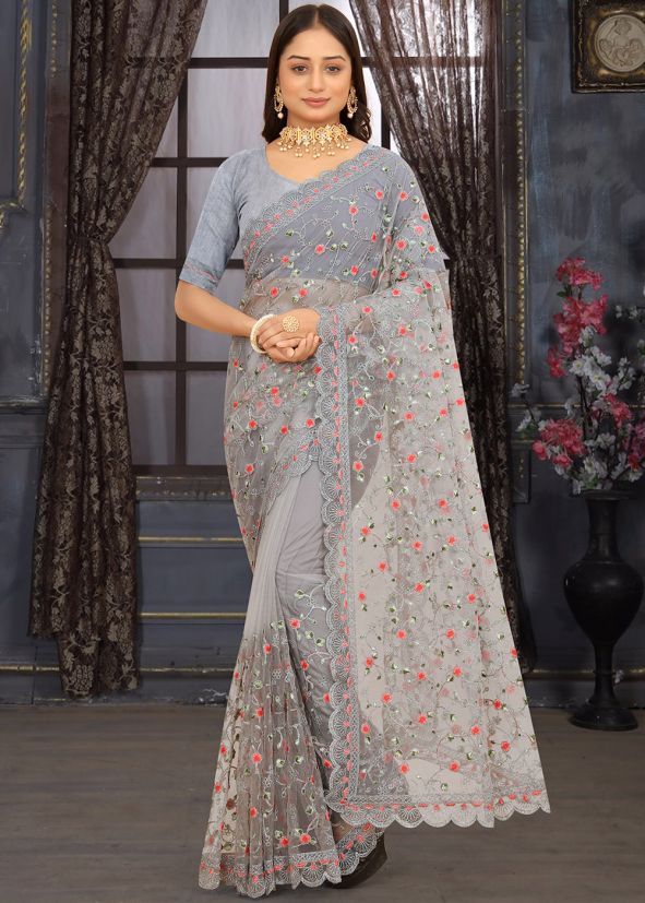 Grey Heavy Pallu Net Saree