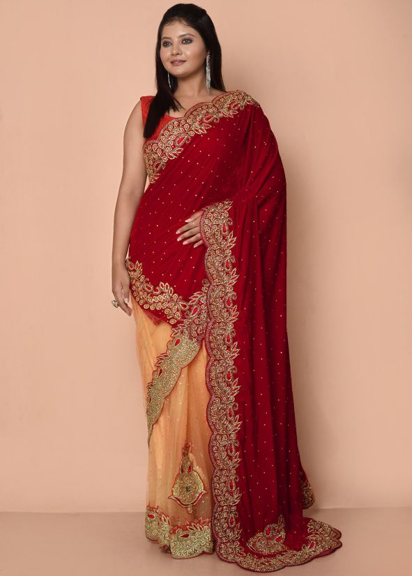 Peach & Red Half N Half Embroidered Saree
