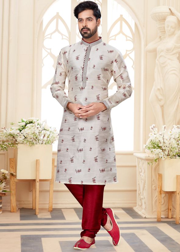 Readymade White Printed Dupion Silk Kurta With Churidar