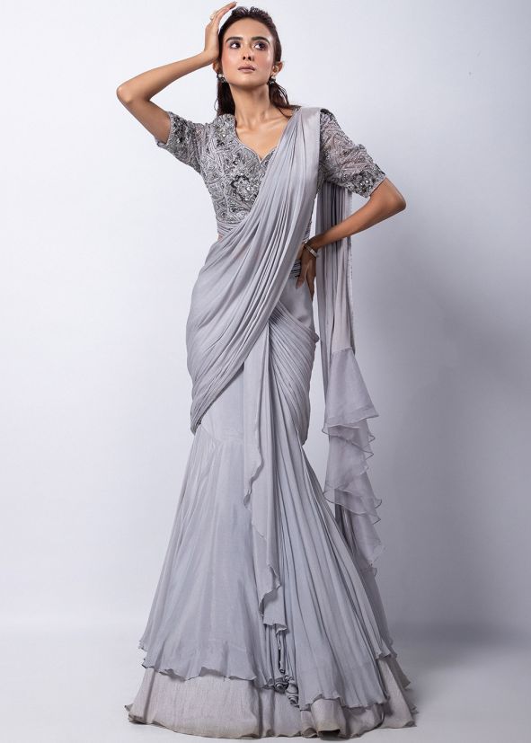 Grey Pre-Stitched Saree With Embroidered Blouse