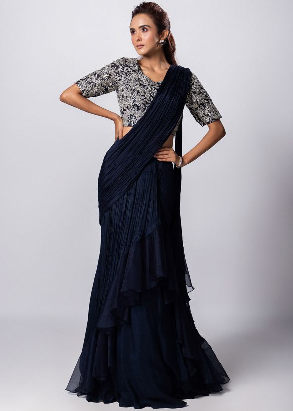 Blue Pre-Stitched Saree With Embroidered Blouse
