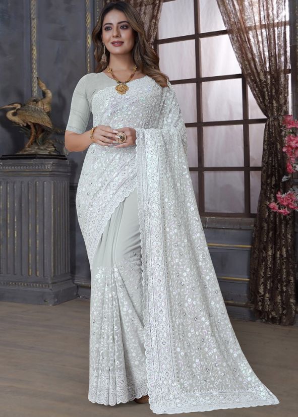 Grey Georgette Saree In Thread Embroidery