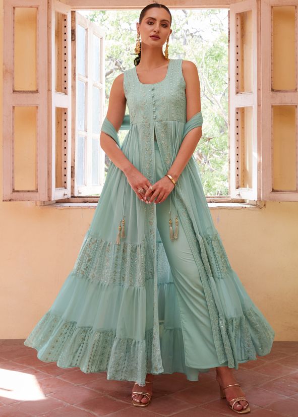 Readymade Pastel Turquoise Embroidered Slitted Pant Suit