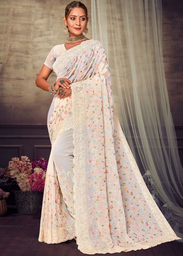 Off White Embroidered Saree In Georgette