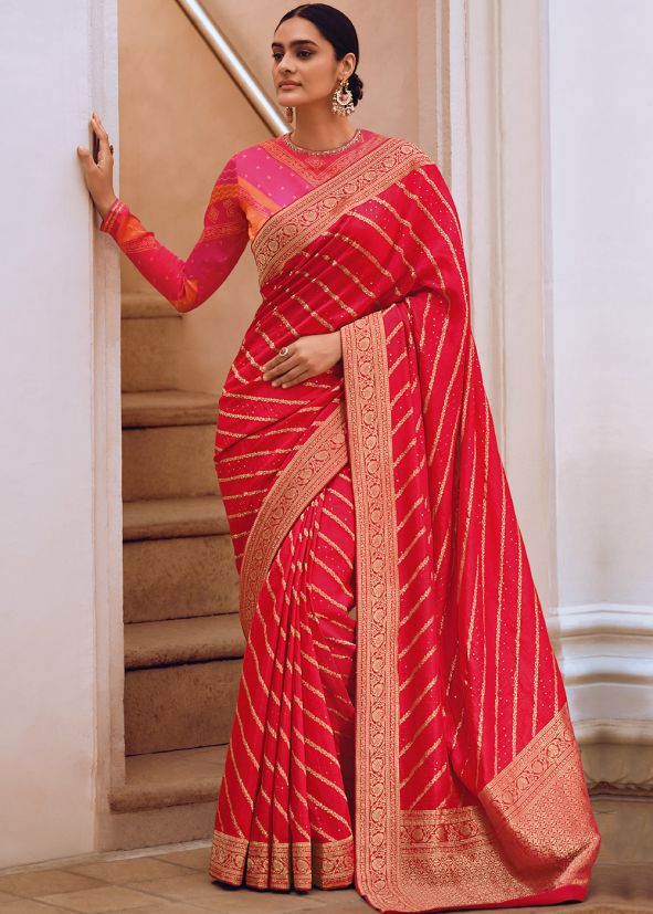 Red Zari Woven Saree In Viscose