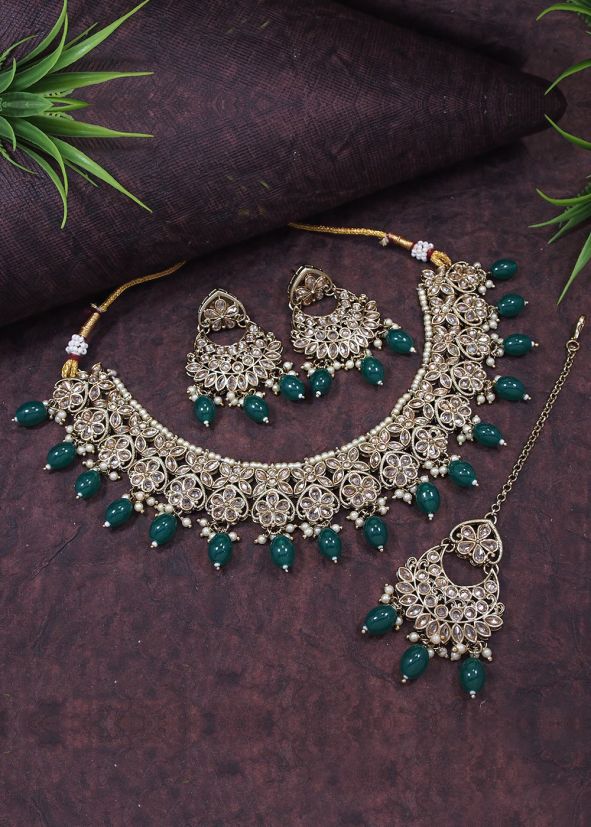 Golden & Green Stone Necklace Set