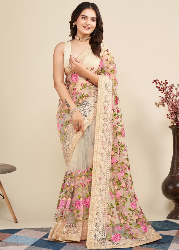 Cream Embroidered Saree In Net