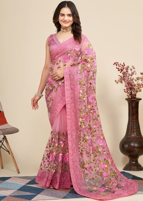 Pink Embroidered Saree In Net