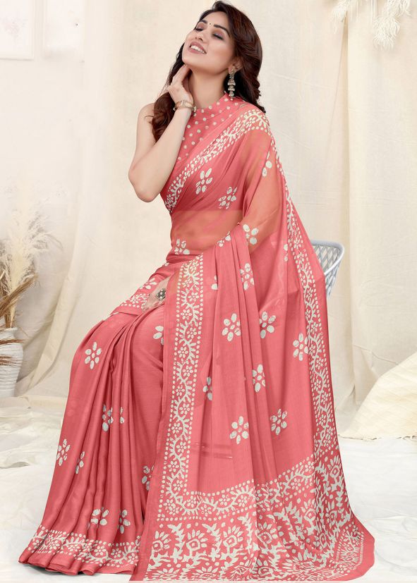 Peach Digital Printed Saree In Chiffon