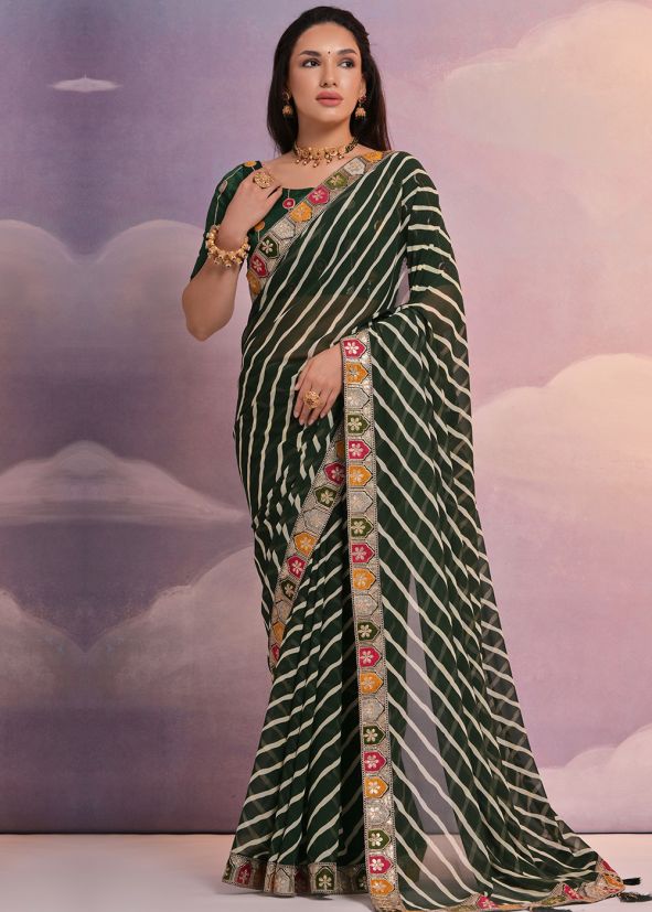 Green Georgette Saree In Leheria Print