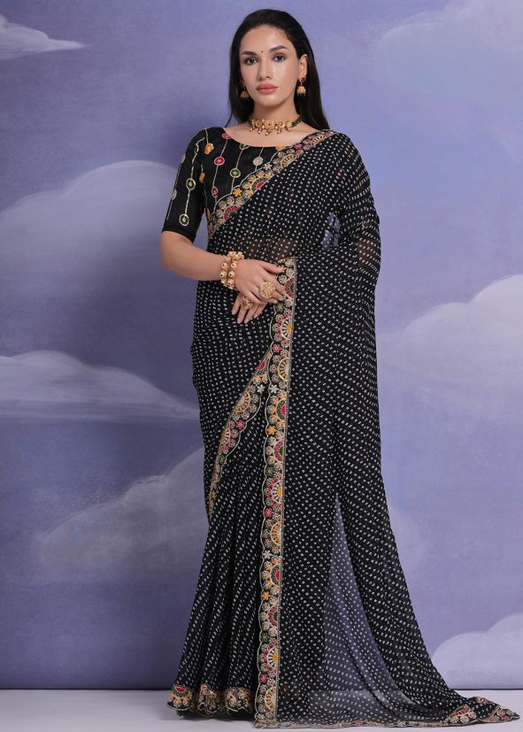 Black Bandhej Print Georgette Saree