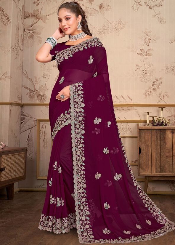 Magenta Embroidered Saree In Georgette