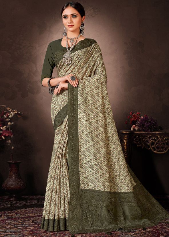 Green Digital Printed Saree & Blouse