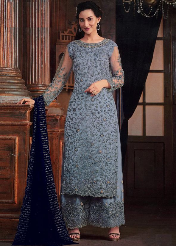 Grey Thread Embroidered Palazzo Suit In Net
