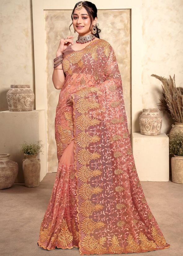 Peach Embroidered Saree In Net