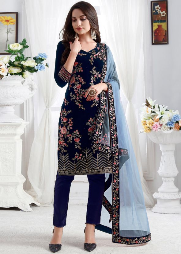 Blue Embroidered Velvet Pant Suit Set
