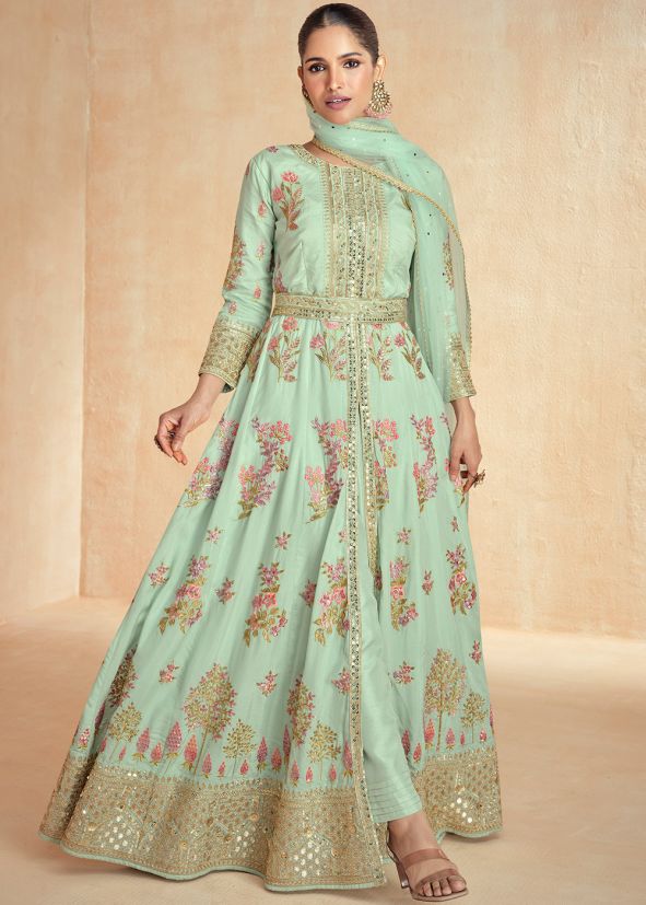 Readymade Green Embroidered Slitted Suit In Silk