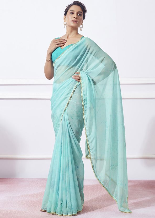 Blue Laced Organza Saree
