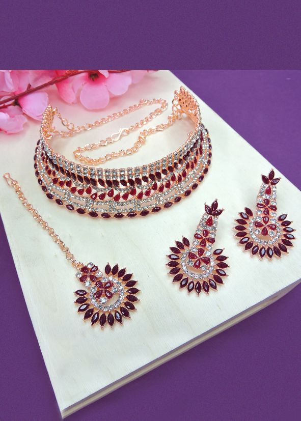 Stone Studded Wine Choker Necklace Set