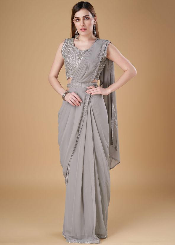 Grey Embroidered Saree In Georgette