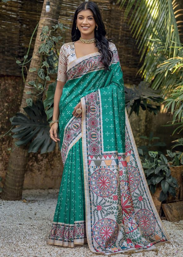 Green Tussar Silk Saree In Printed Work