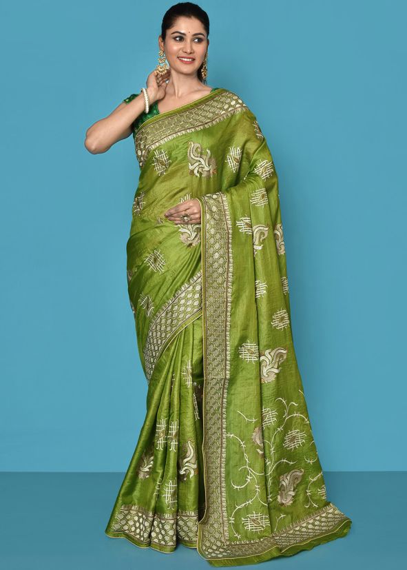 Green Resham Work Saree In Tussar Silk