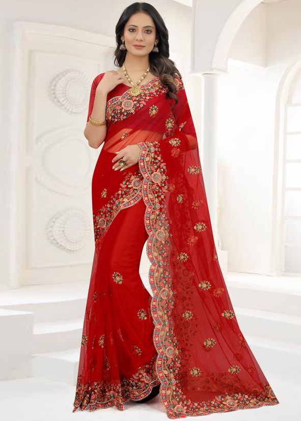 Red Embroidered Saree In Net