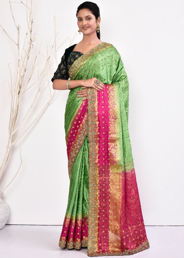 Green & Pink Handwork Saree In Kanjivaram Silk