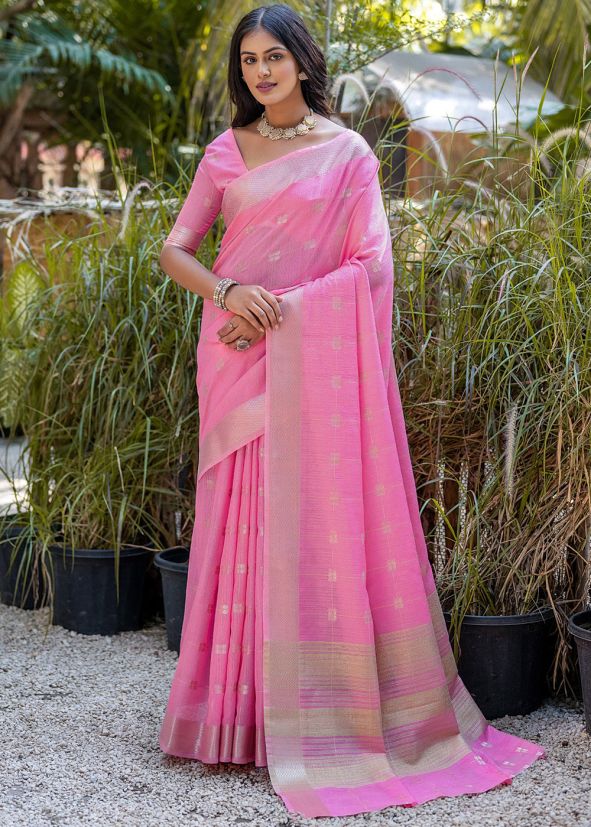 Pink Zari Woven Saree In Cotton