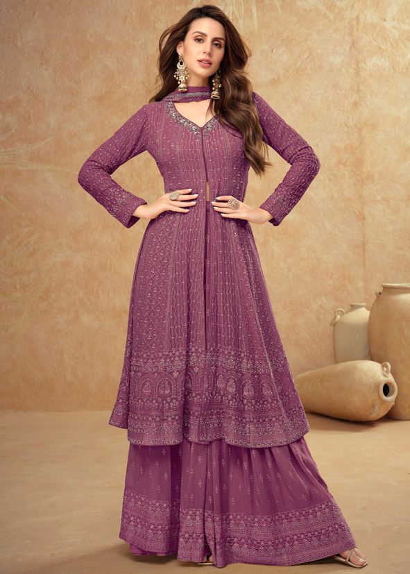 Magenta Readymade Embroidered Slit Style Sharara Suit