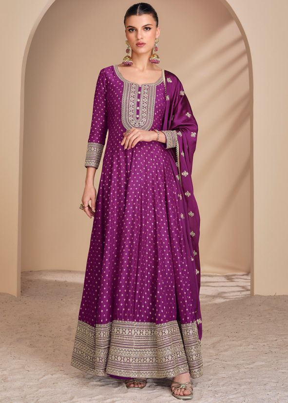 Magenta Readymade Woven Anarkali Suit