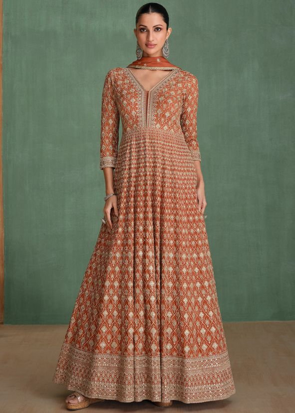 Brown Embroidered Anarkali Suit Set