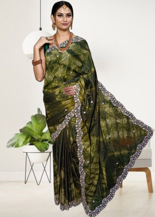 Green Tissue Saree In Tie-Dye Print