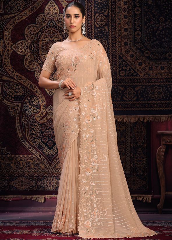 Peach Sequins Embellished Georgette Saree