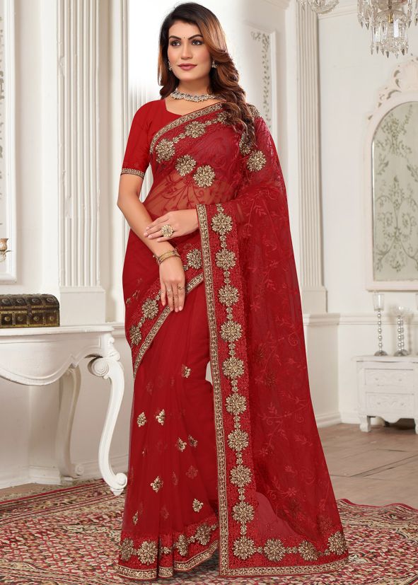 Red Resham Embroidered Net Saree