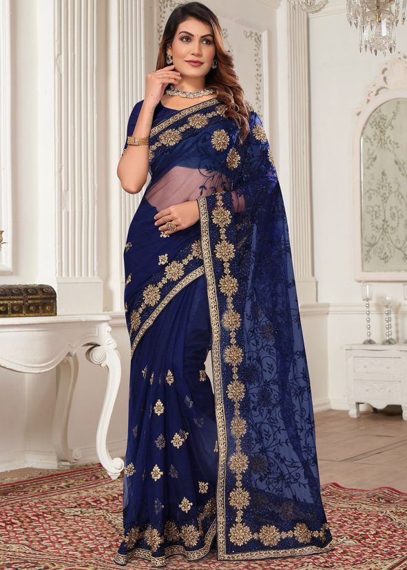 Blue Net Saree In Zari Embroidery