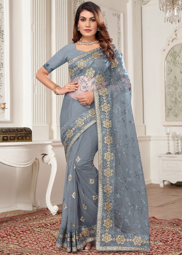 Grey Net Saree In Zari Embroidery