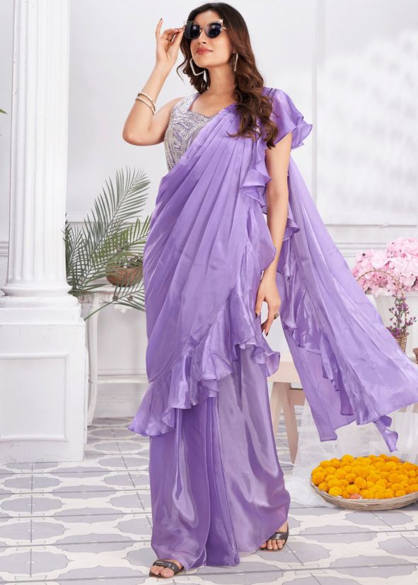Lavender Satin Readymade Ruffled Saree 