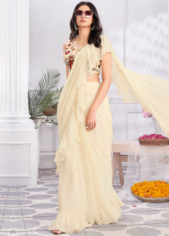 Cream Readymade Satin Saree In Ruffle Border