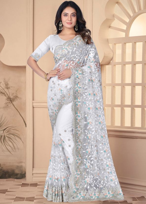 White Thread Embroidered Saree In Net