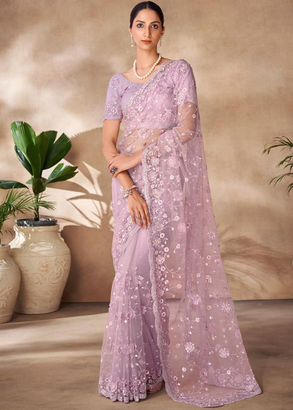 Lavender Net Sequins Embellished Saree 